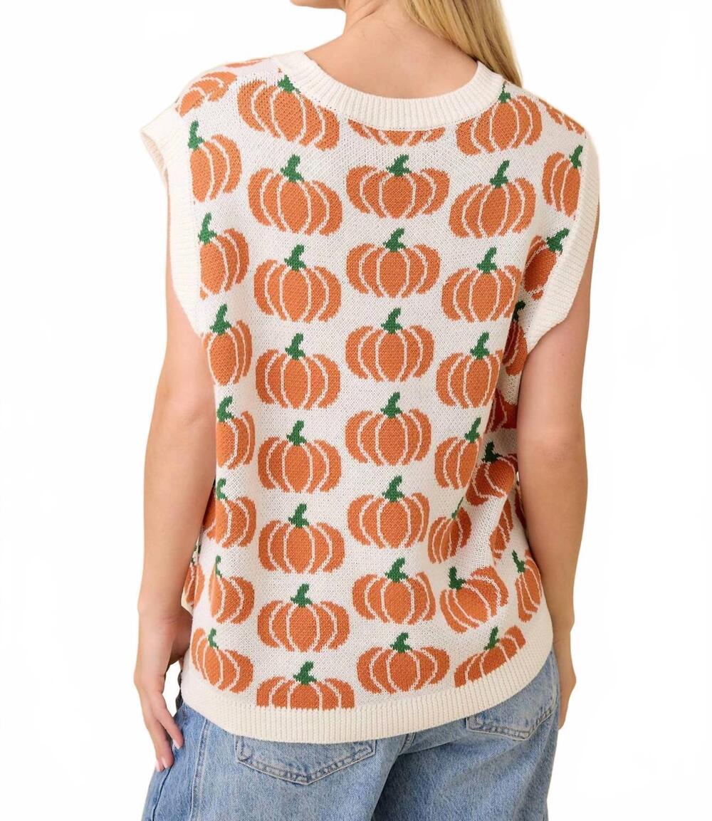 NEW MAIN STRIP pumpkin print sleeveless sweater knit top in ivory/orange - Picture 2 of 7